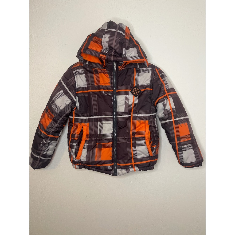 Big Chill Freestyle Kids Puffer Jacket Hooded Plaid Orange Brown Size 10/12